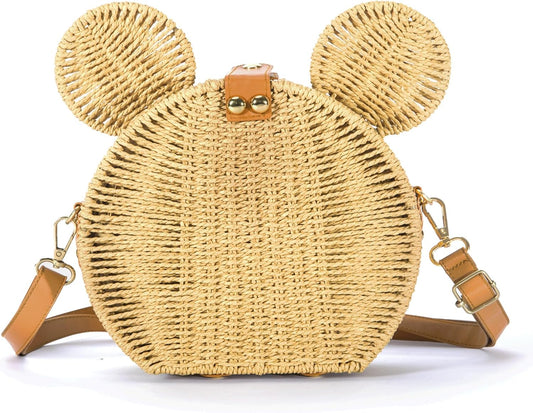 Skiennix Round Rattan Straw Bag - Handmade Wicker Purse with Cute Mouse Ears | Crossbody Shoulder Bag
