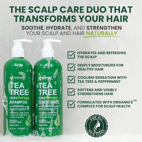 KESMEDIK Tea Tree Oil Shampoo & Conditioner Set - Itchy Scalp Relief & Dandruff Control | 16 fl oz Each
