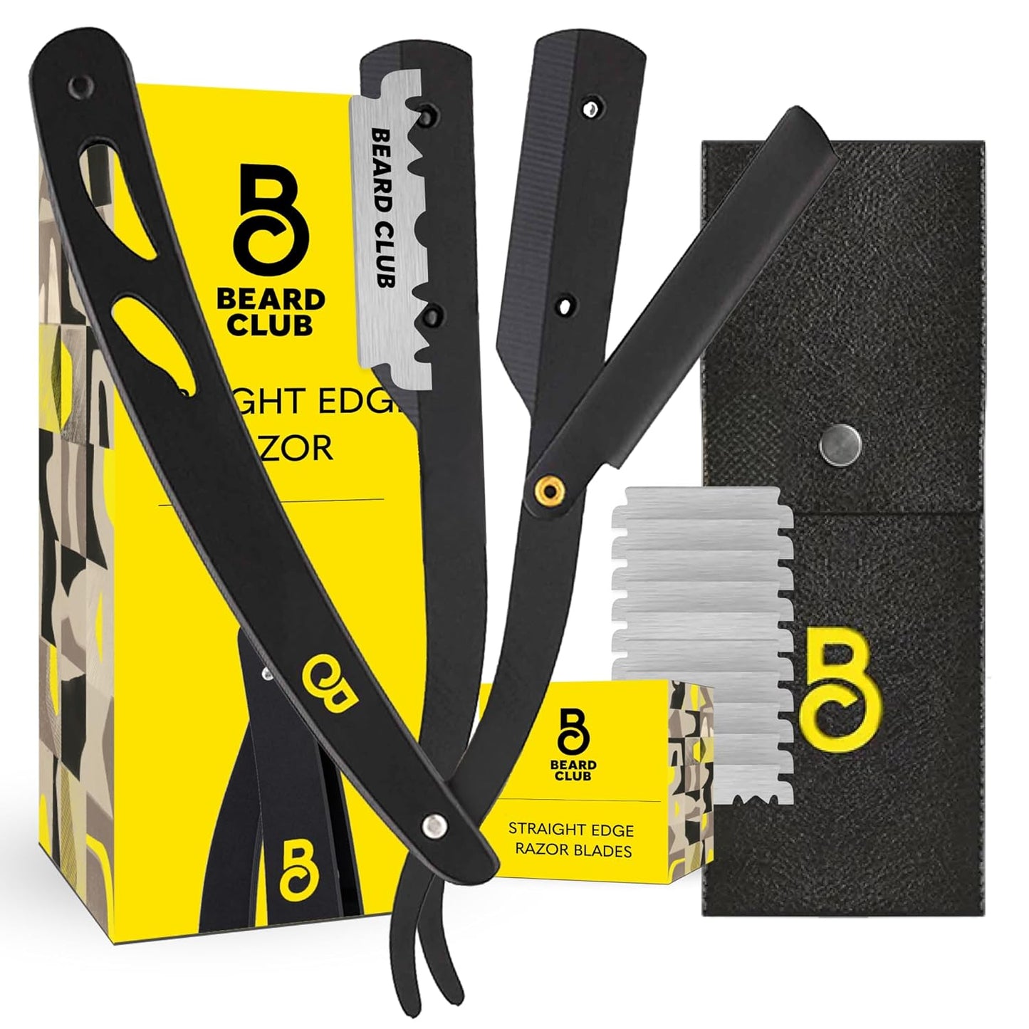The Beard Club Straight Razor - Premium Barber Straight Edge Kit with 10 Replaceable Blades & Leather Case