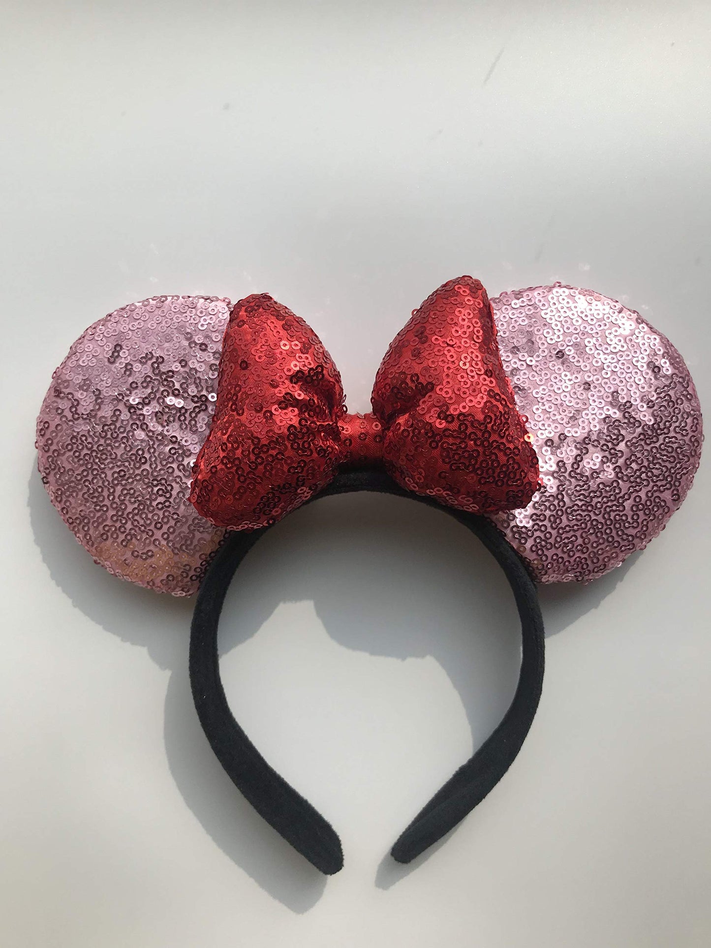 A Miaow 3D Black Mouse Sequin Ears Headband MM Glitter Butterfly Hair Clasp Park Supply Adults Women Photo Accessory (Pink and Red)