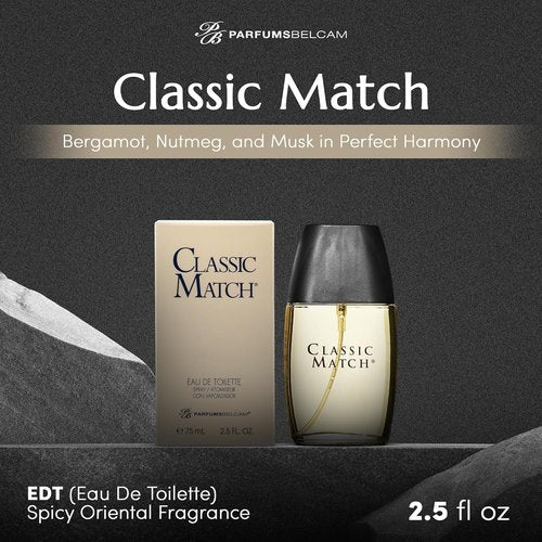 PB ParfumsBelcam Classic Match Eau de Toilette Spray for Men - Warm Oriental Scent with Bergamot & Musk | 2.5 Fl Oz