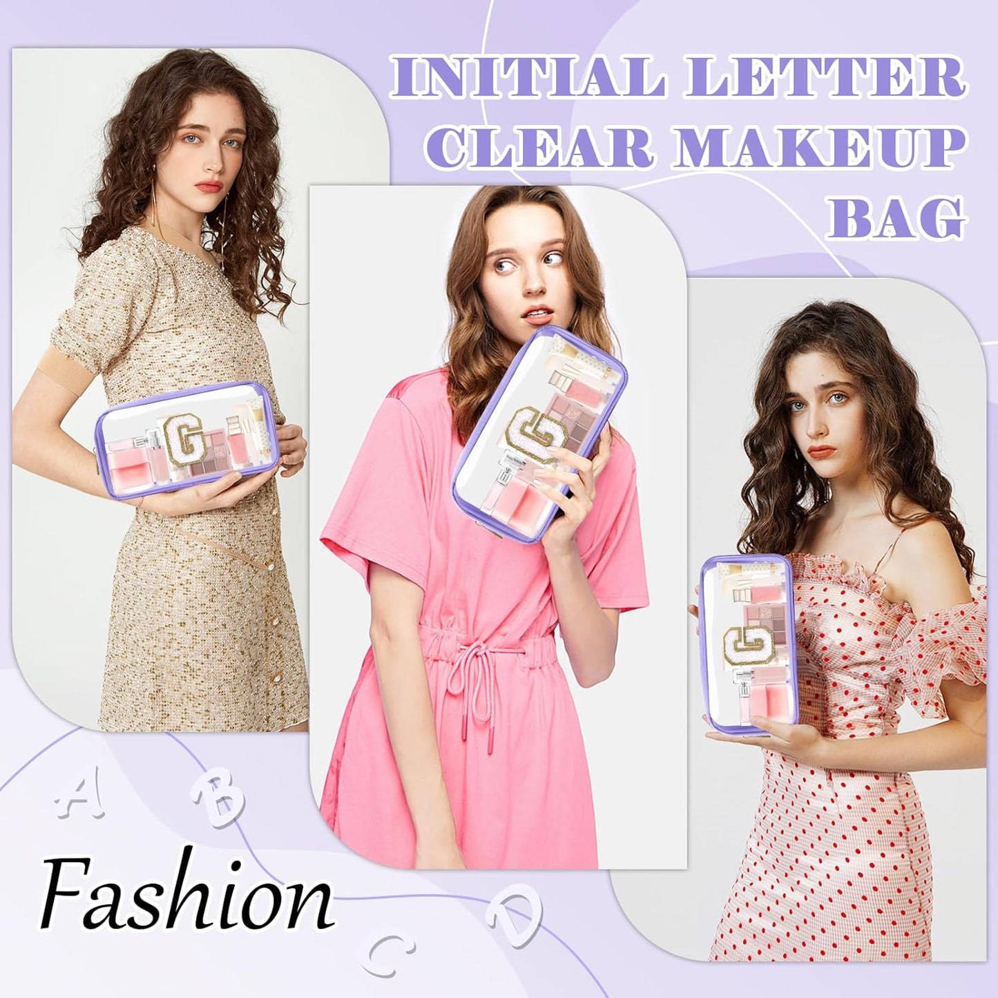 UIXIZQ Personalized Initial Letter Clear Makeup Bag - Preppy Nylon & PVC Cosmetic Zipper Bag | Travel Toiletry Organizer for Teen Girls & Women, Monogrammed Gift
