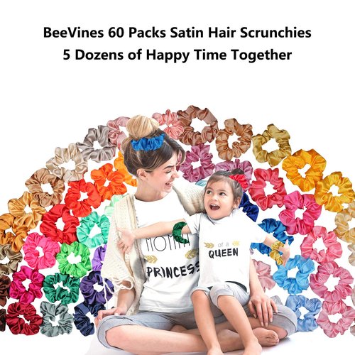 BeeVines Hair Scrunchies, Satin Silk Scrunchies, Silky Curly Hair Accessories for Women, Hair Ties Ropes for Teens, Girl’s Birthday Thanksgiving Christmas Gift, 60 Pack