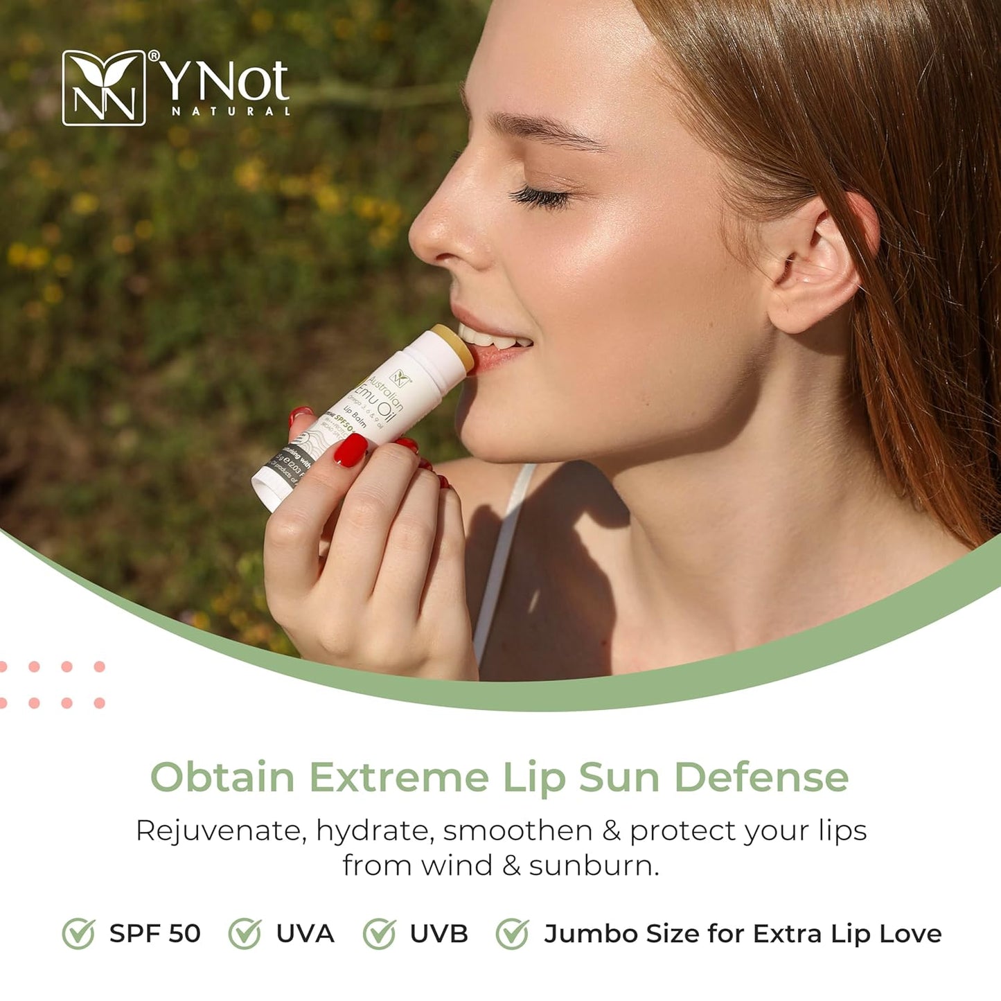 Y-Not Natural Emu Oil Moisturizing Lip Balm - Hydrating SPF50+ Protection | 15g Stick with Vitamin E & Omega Fatty Acids