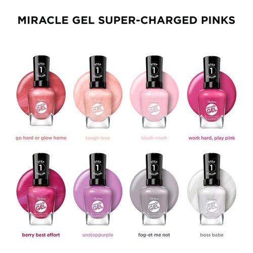 Sally Hansen Miracle Gel Supercharged Pinks Nail Polish | Salon Quality Gel-Like Formula, Two-Step System, No UV Light Needed, Long Lasting | 350 Work Hard, Play Pink | Bright Pink Crème Nail Color