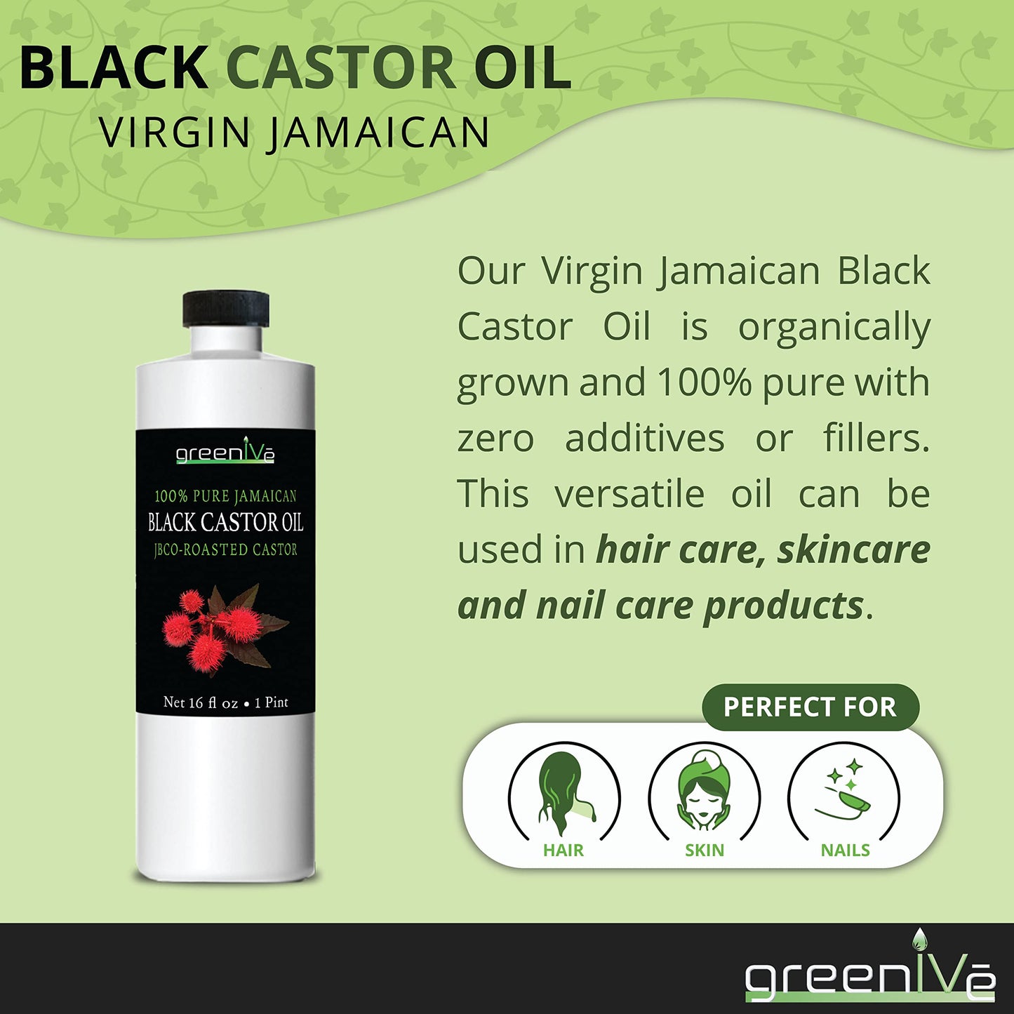 GreenIVe Jamaican Black Castor Oil JBCO Organically Grown 100% Pure Great For Hair and Topical Uses (16 Ounce)