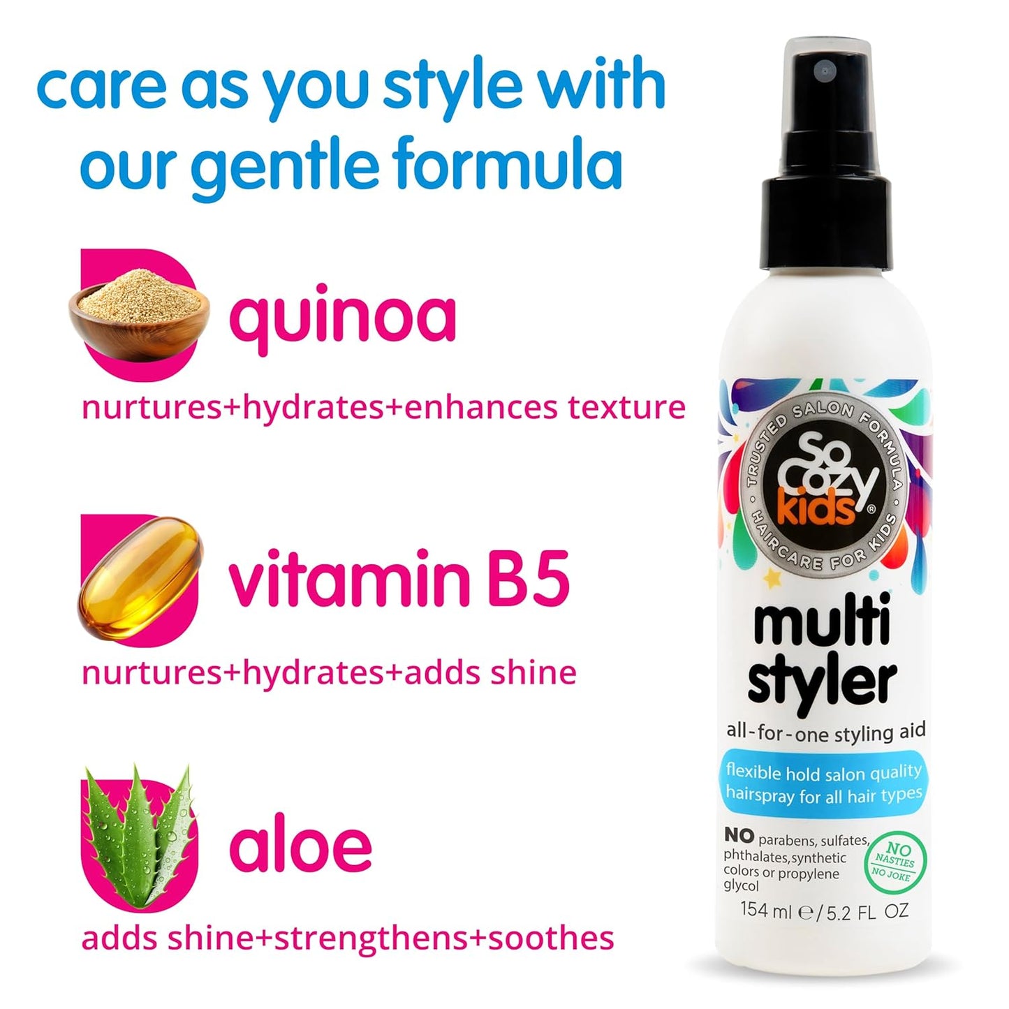 SoCozy Multi Styler Hair Spray for Kids - Gentle Formula with Quinoa & Vitamin B5 | 5.2 Fl Oz