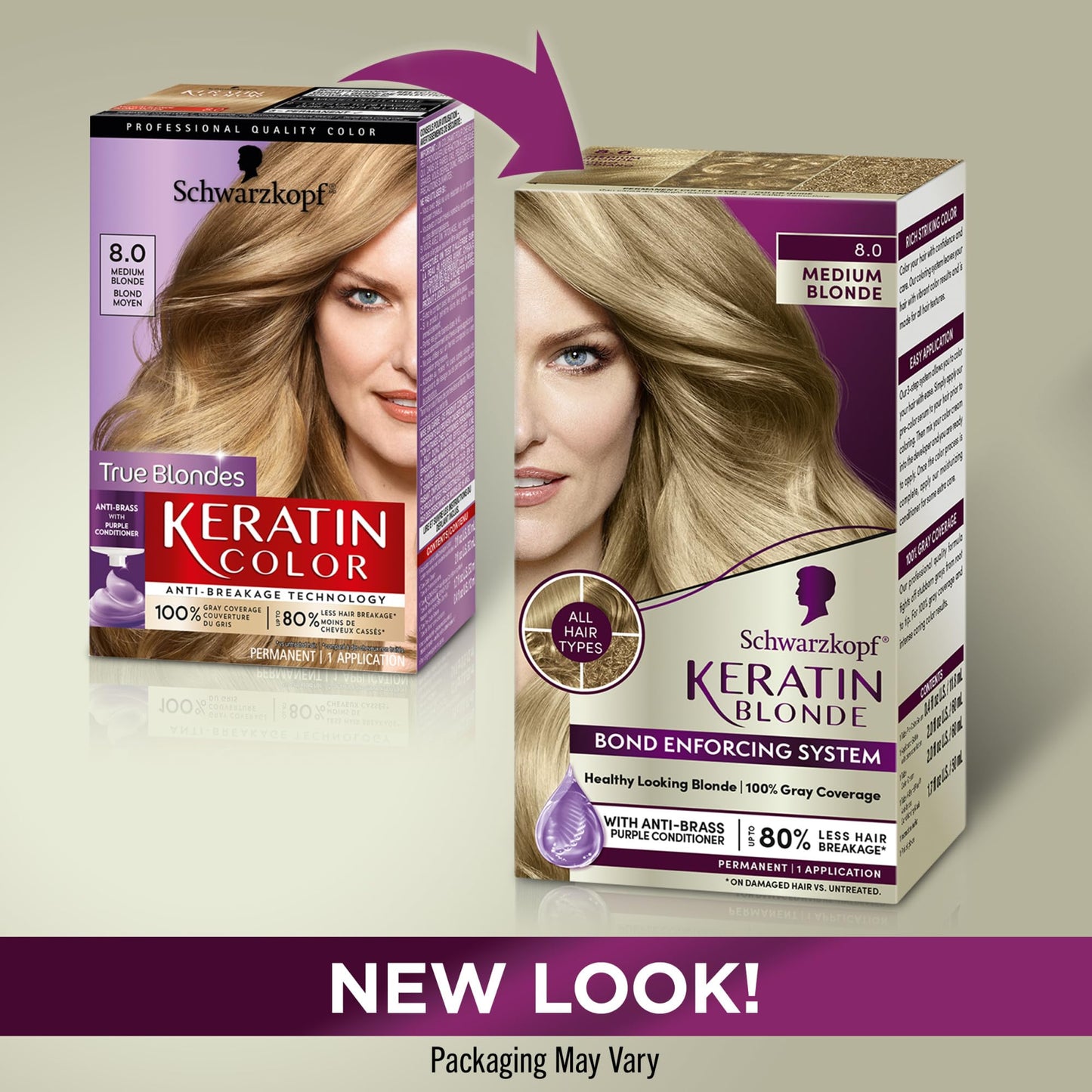 Schwarzkopf Keratin Color Permanent Hair Color, 8.0 Medium Blonde, 1 Application Professionally Inspired Permanent Hair Dye, for up to 80% Less Breakage vs Untreated Hair and up to 100% Gray Coverage