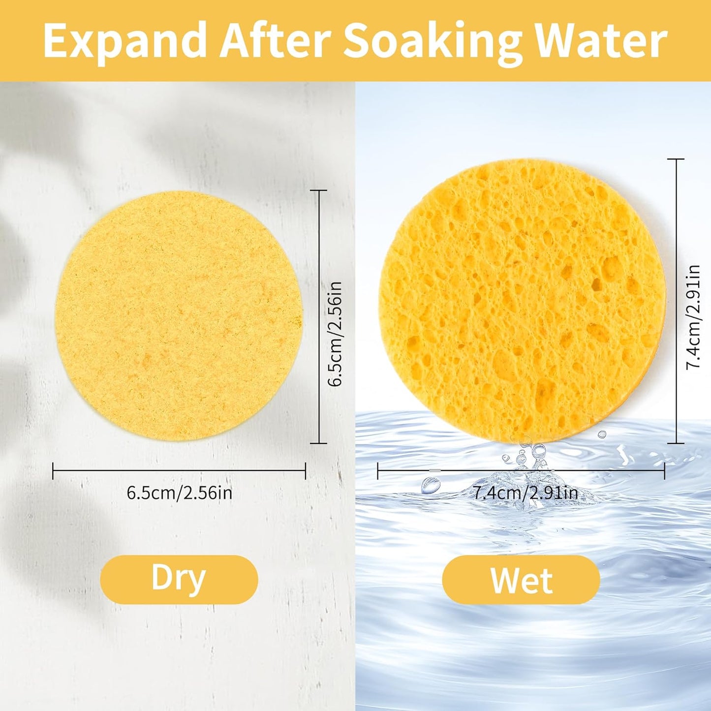Compressed Facial Sponges - 100-Count Natural Cosmetic Spa Sponges for Cleansing & Makeup Removal | Yellow