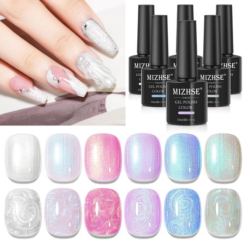 MIZHSE Pearl Gel Nail Polish, 6 Colors Iridescent Mermaid Gel Polish Set, Drawing Nail Gel Shell Thread Effect Shimmer White Pink Purple Soak Off Nail Art Manicure Home Gift for Wome