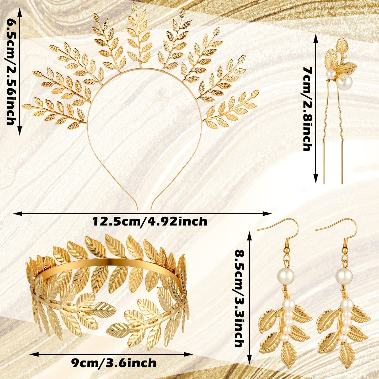 WILLBOND 15 Pieces Greek Goddess Costume Accessories Women Toga Golden Leaves Bridal Crown Headband Bracelet Pearl Earrings and Hair Pins(Elegant Style)