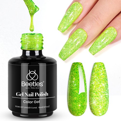 beetles Gel Polish Green Glitter Gel Nail Polish 0.51OZ Reflective Nail Art Manicure Salon DIY at Home UV LED Needed Gifts for Women Lime Shock St Patrick Day
