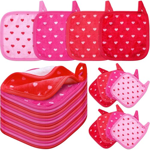 Frienda Heart Makeup Remover Cloths - 24 Pcs Reusable Microfiber Towels | Soft 6" x 6" Washable Pads for Valentine's Day Gifts