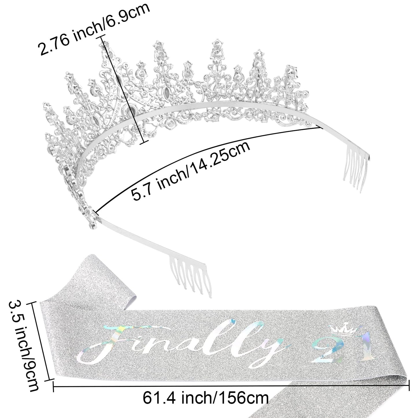 Canitor 21st Birthday Sash and Tiara Set 21st Sparkling Birthday Crown Dazzling Birthday Sash 21st Birthday Decorations 21st Birthday Gifts for Her AB Silver