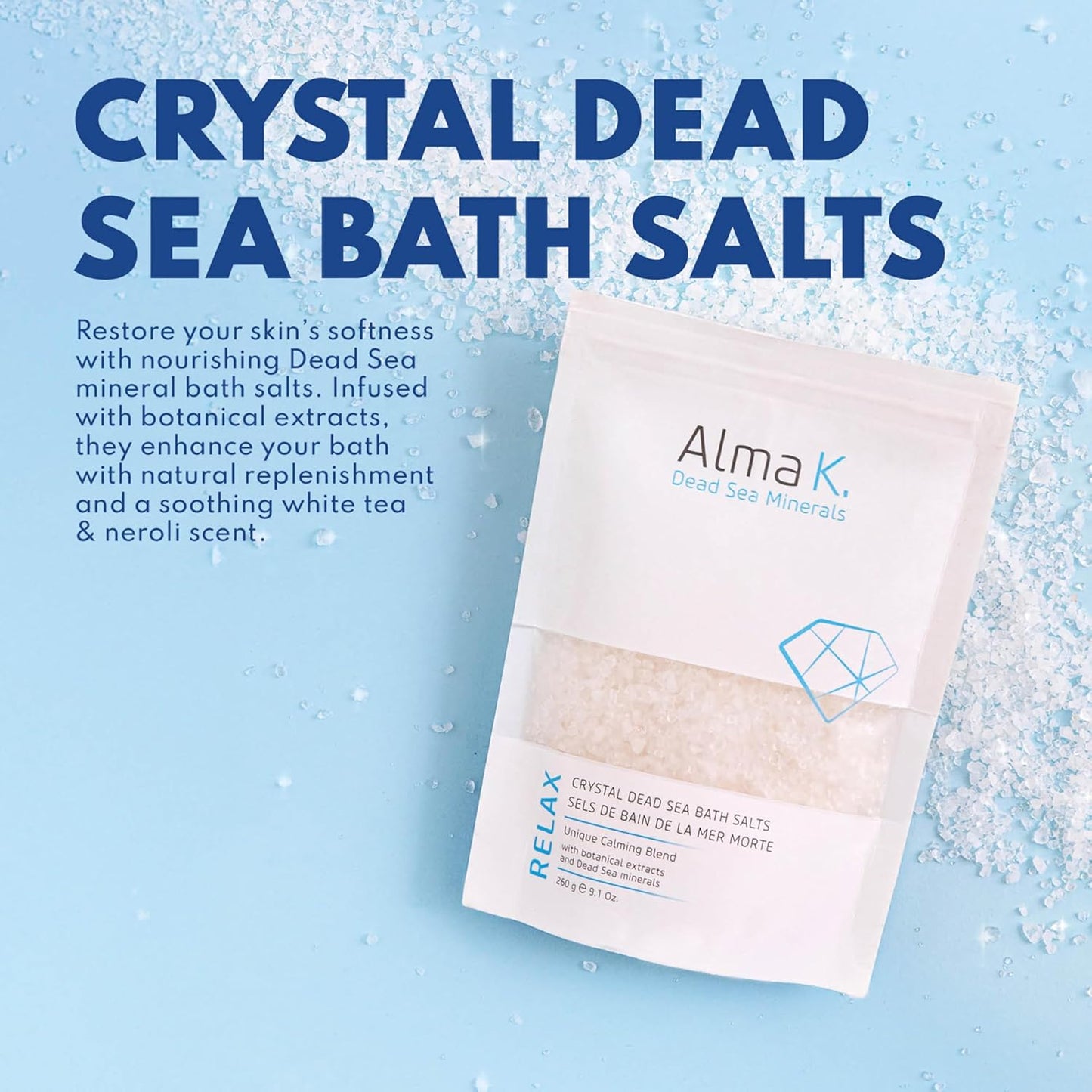 Alma K Crystal Dead Sea Bath Salts - Exfoliate & Hydrate - White Tea & Neroli Scent - 9.1 oz