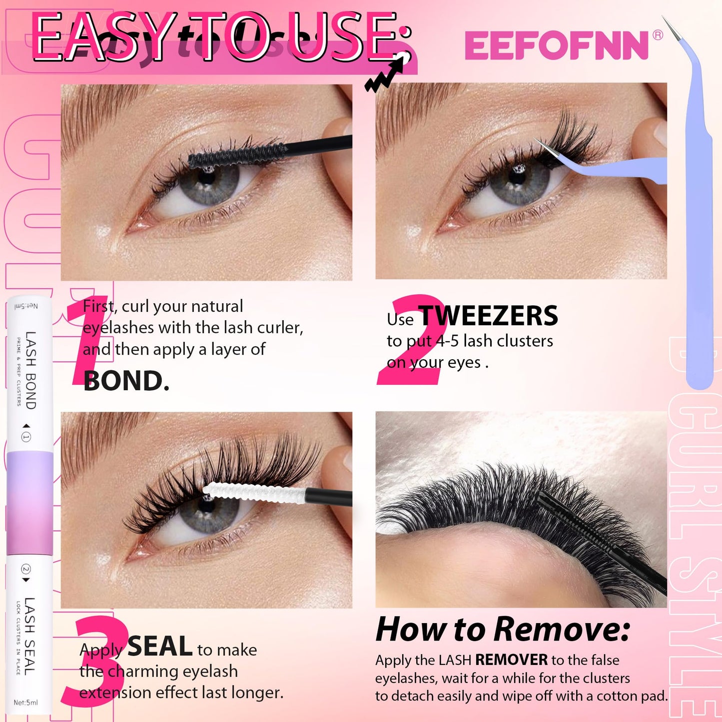 Eefofnn Eyelash Extension Kit Natural Cluster Lashes Kit with Bond and Seal Applicator Tweezers CC Curl Cluster Eyelash Extensions Fluffy Individual Eyelashes Kit 8-16mm Wispy Lashes Extensions