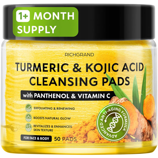 Turmeric Kojic Acid Cleansing Pads - Exfoliating Face Sponges with Vitamin C & Lemon for Glowing Skin