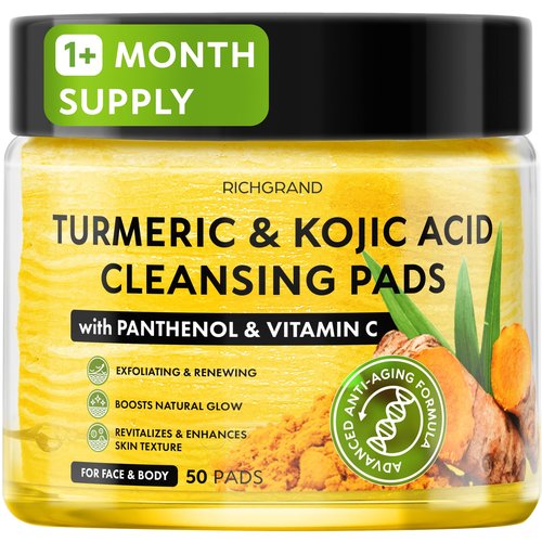 Turmeric Kojic Acid Cleansing Pads for Face - Exfoliating Sponges with Vitamin C & Lemon - Foaming Facial Wash for Glowing Skin & Uneven Tone Support - Gentle Daily Scrub
