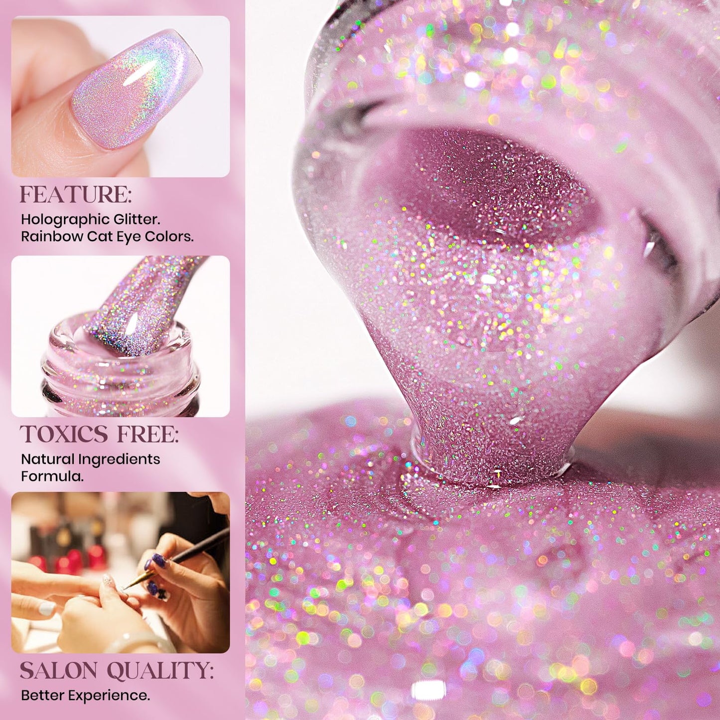 MIZHSE Cat Eye Gel Nail Polish: Glitter Rainbow Holographic Gel Polish with Magnet, Reflective Translucent UV Gel for Nail Salon Home DIY, Pink Rainbow 10Ml