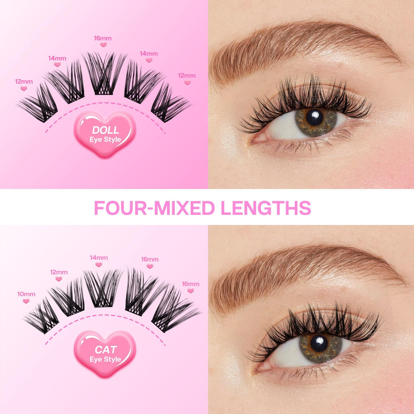 CALAILIS Lash Clusters, 144Pcs D Curl Cluster Lashes DIY Lash Extensions Mega Volume Wispy Eyelash Clusters Reusable Individual Lashes Super Thin Band and Soft (HD05, D-10-16MIX)