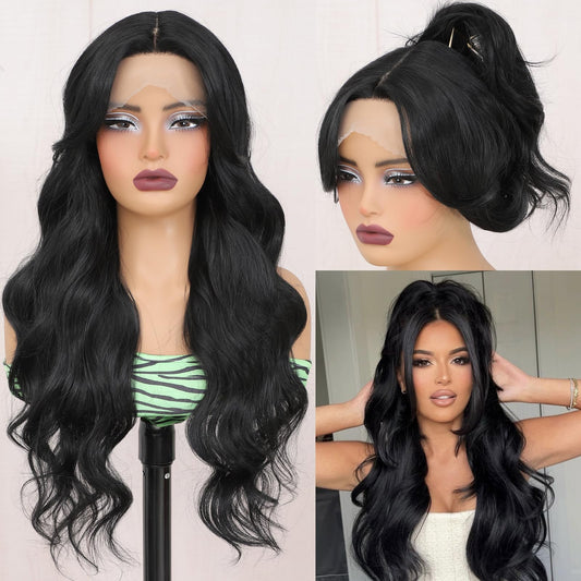 Svolna Lace Front Wig with Bangs Long Wavy Lace Wigs for Women Natural Black Synthetic Middle Part Layered Wavy Front Lace Wigs Fringe 26 Inch (Black)