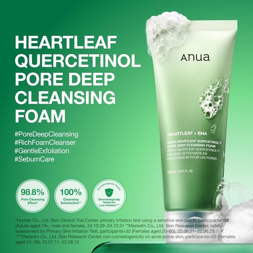 Anua Heartleaf Quercetinol Pore Deep Cleansing Foam - Hydrating Daily Facial Cleanser, 5.07 fl. oz.