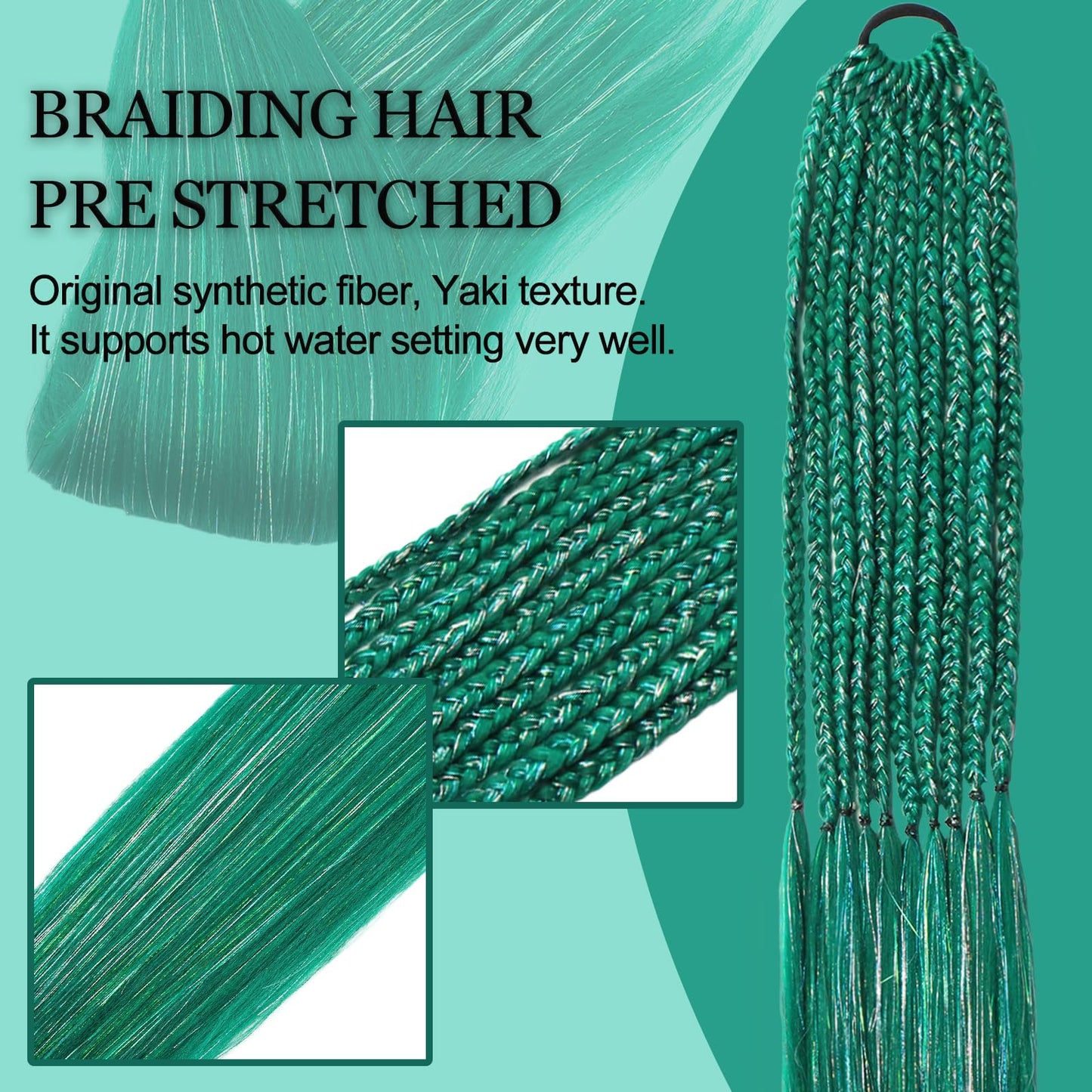 Green with Tinsel Braiding Hair Pre Stretched 2 Packs 26 Inches Box Braids Hair Extensions Synthetic Pre Stretched Braiding Hair