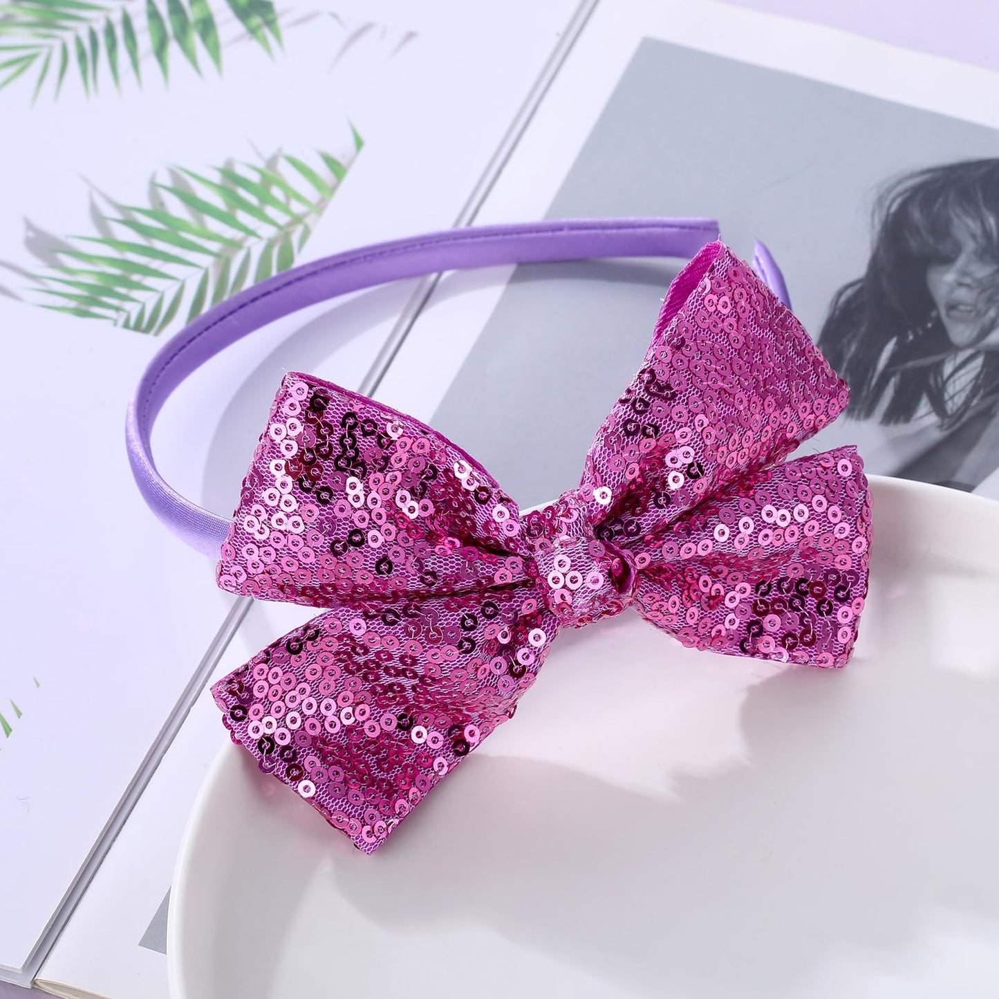 Kiszu Sparkly Sequin Hair Bow Headband for Girls, Kids, and Toddlers - Fashion Cute Boutique Style Hair Accessory - 1 Piece (Light Purple)