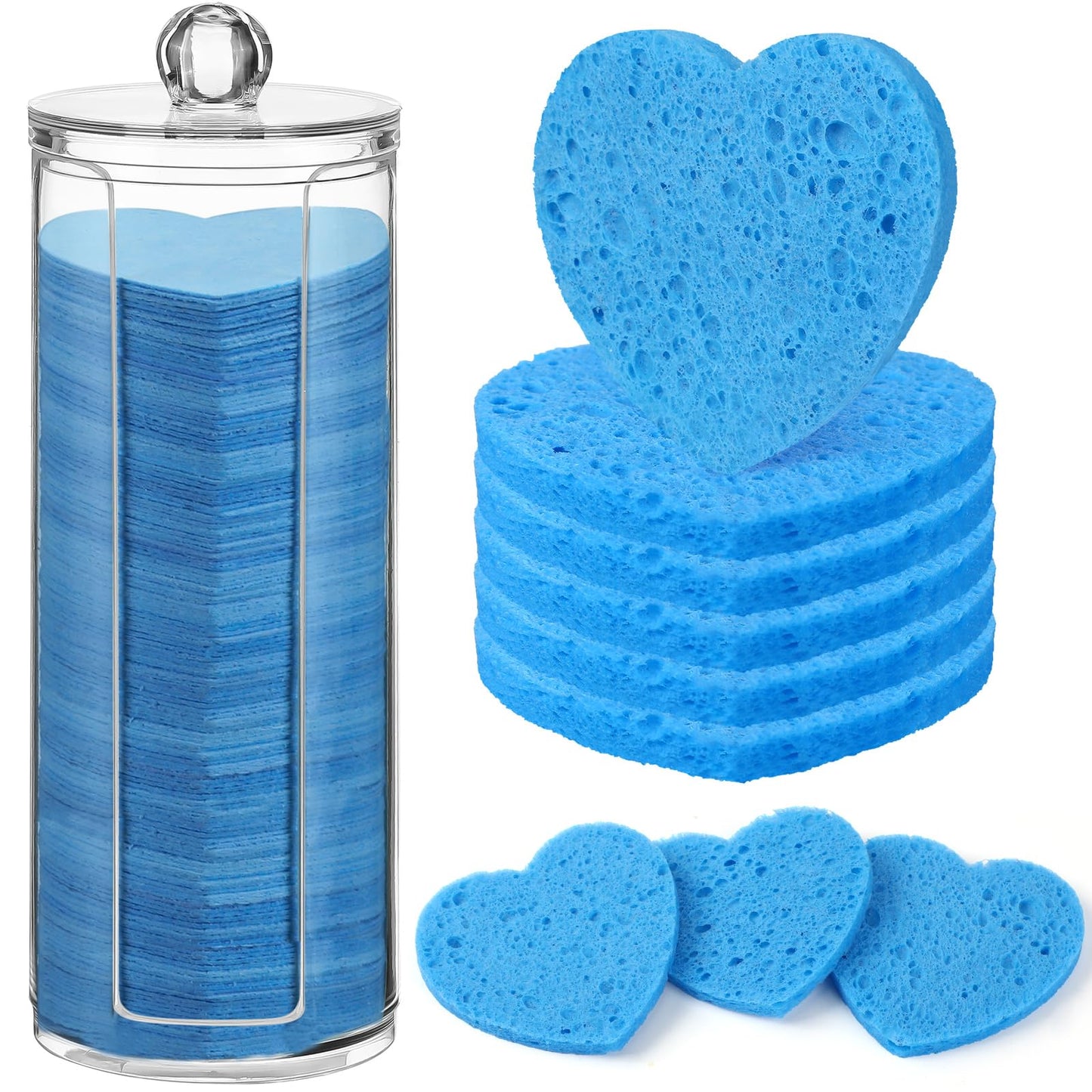 Sieral 120 Pcs Compressed Facial Sponges with Container Disposable Face Sponge Pads for Washing Face Cleansing Exfoliating Esthetician Makeup Removal(Heart,Dark Blue)