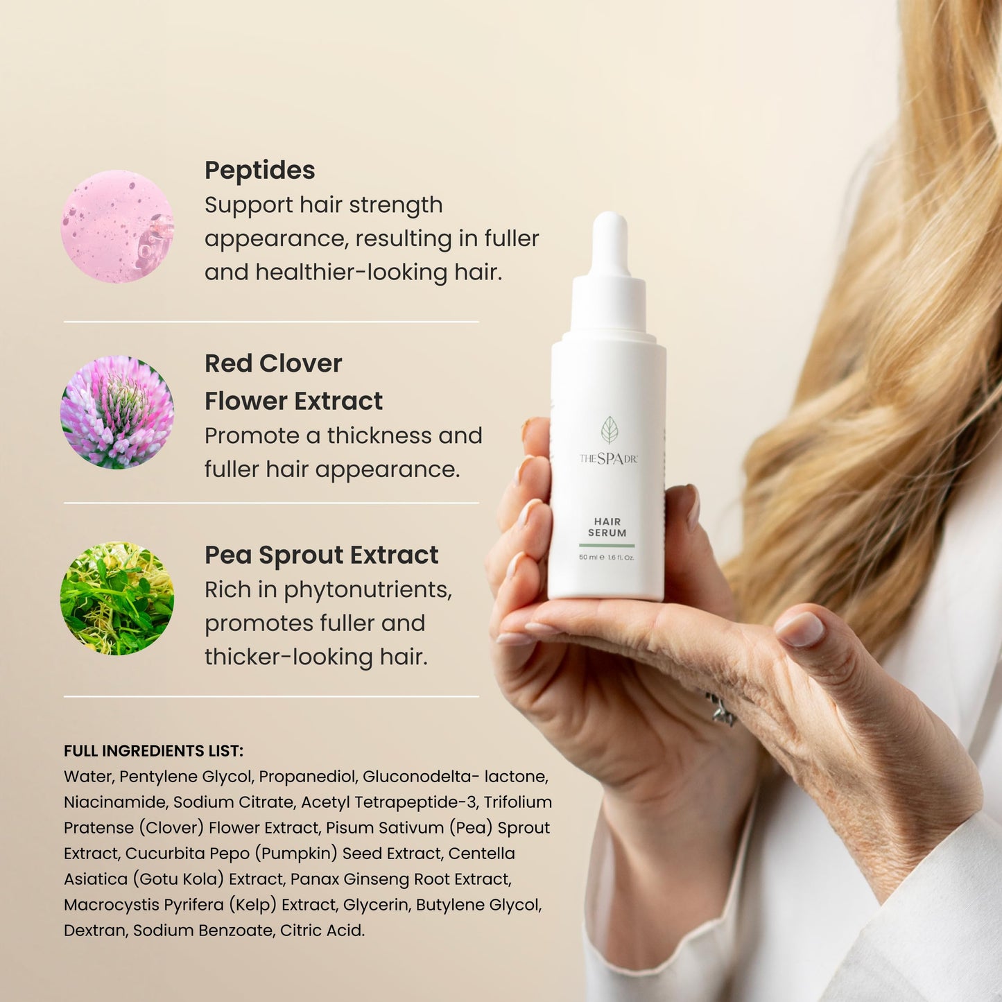 The Spa Dr. Hair Serum - Clean Hair Thickening Serum with Red Clover and Pea Sprout Extracts and Peptides - 1.5 Fl. Oz.