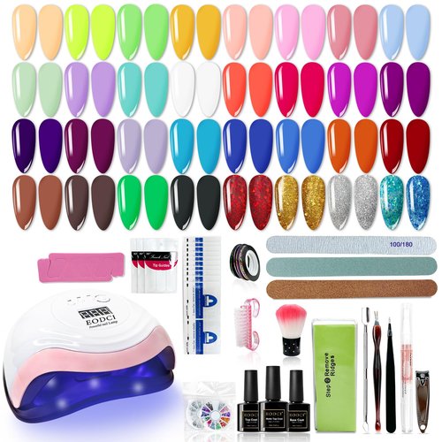 EODCI 76 PCS Gel Nail Polish Kit with U V Light, 33 Colors Gel Nail Orange Brown Red Nail Polish Set 168W Nail Lamp, No Wipe Base Top Coat & Manicure Tools Starter Kit DIY Home Salon Gifts