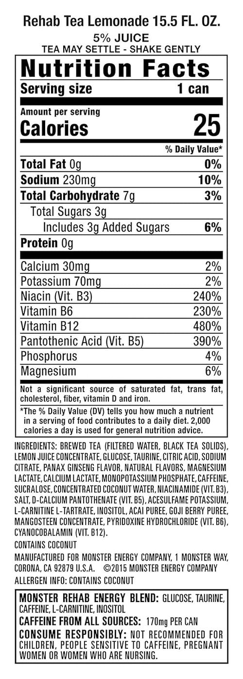 Monster Rehab Tea - Lemonade Energy Drink, 15.5 Ounce Cans | Refreshing Energy Iced Tea, Pack of 15