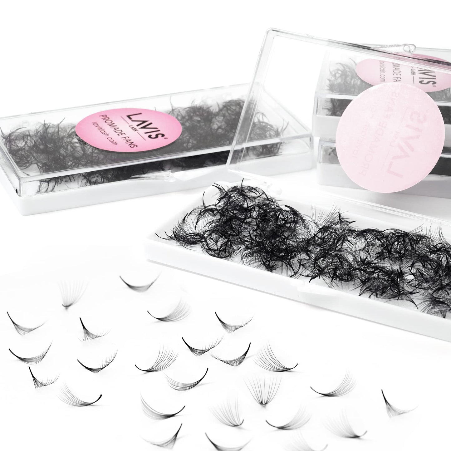 LAVISLASH 500 Promade Fans Eyelash Extension | Handmade Loose Volume Lash | Mutiple Options 3D-8D/10D/12D/14D/16D Fans | 0.03/0.05/0.07mm Thickness | C/CC/D Curl | 8-16mm Length(10D-0.03-D-9mm)