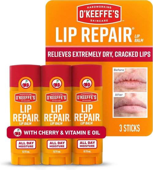 O'Keeffe's Lip Repair Balm - Cherry & Vitamin E Oil - 3 Pack for Extremely Cracked, Dry Lips
