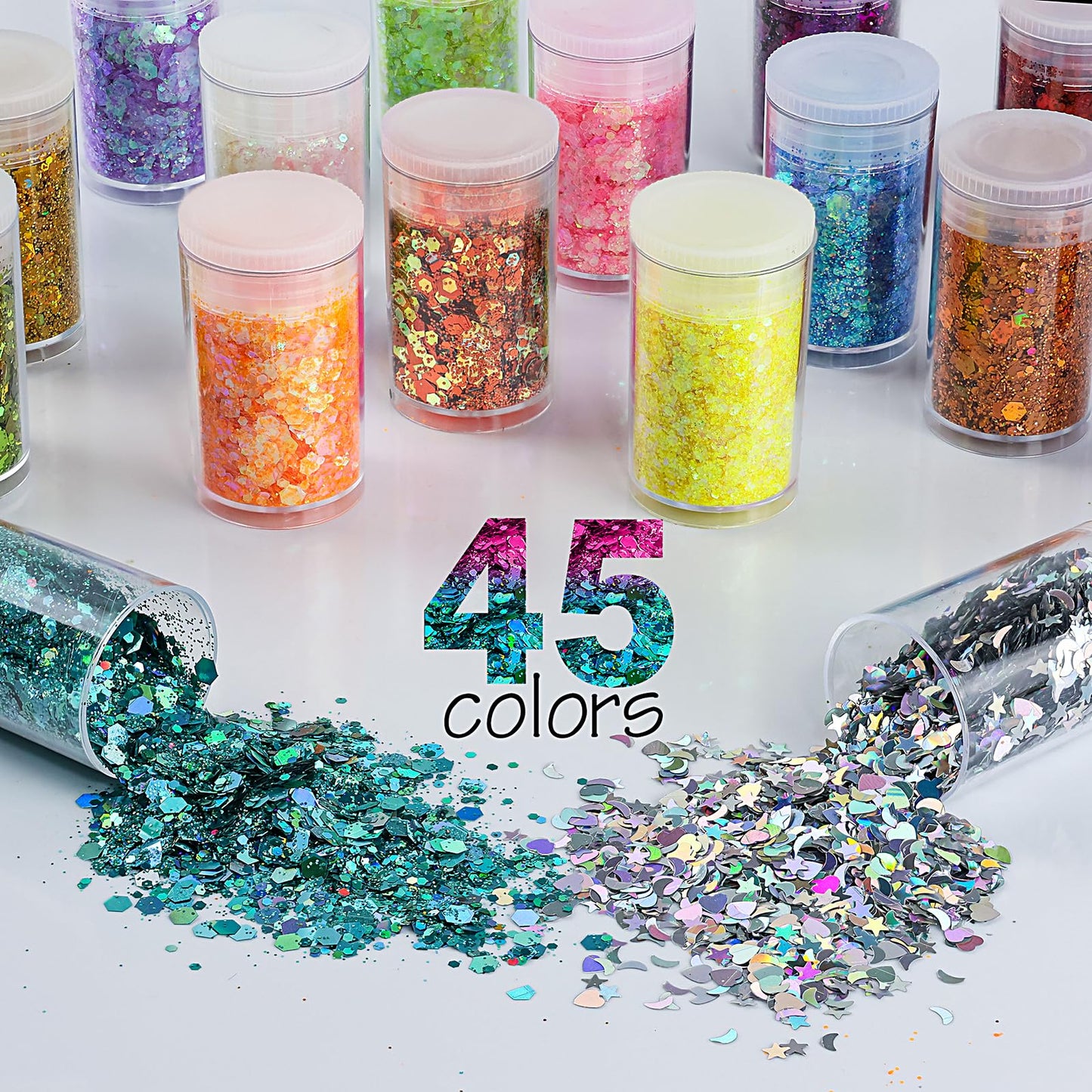 Holographic Chunky and Fine Glitter Mix, 45 Colors Craft Glitter for Epoxy Resin Arts, Iridescent Nail Glitter, Cosmetic Eye Hair Face Body Glitter, Glitter Flakes Sequins for Tumbler Festival Jewelry