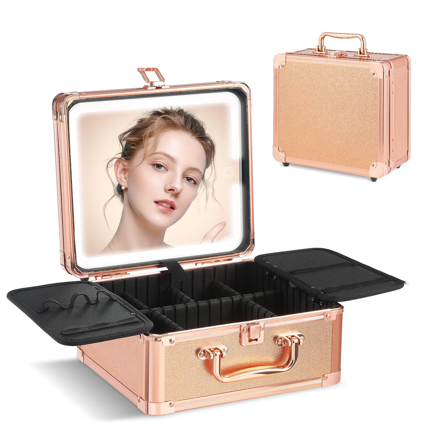 Leeora&Leekoo Makeup Box with LED Mirror & Aluminum Frame, Compact Multi-Layer Cosmetic Organizer - Portable ABS Travel Train Case for Makeup Storage(Gift for Girlfriend/Daughter) (Gold)