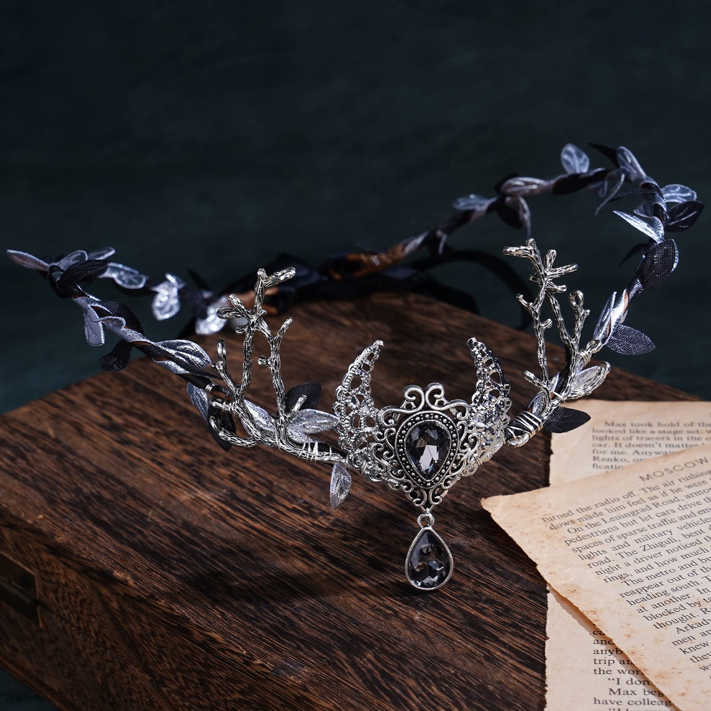 MOSTORY Handmade Silver Moon Crown - Fairy Headpiece Woodland Elf Circlet Dark Forest Tiara for Witch Women Girls Renaissance Faire Halloween Cosplay