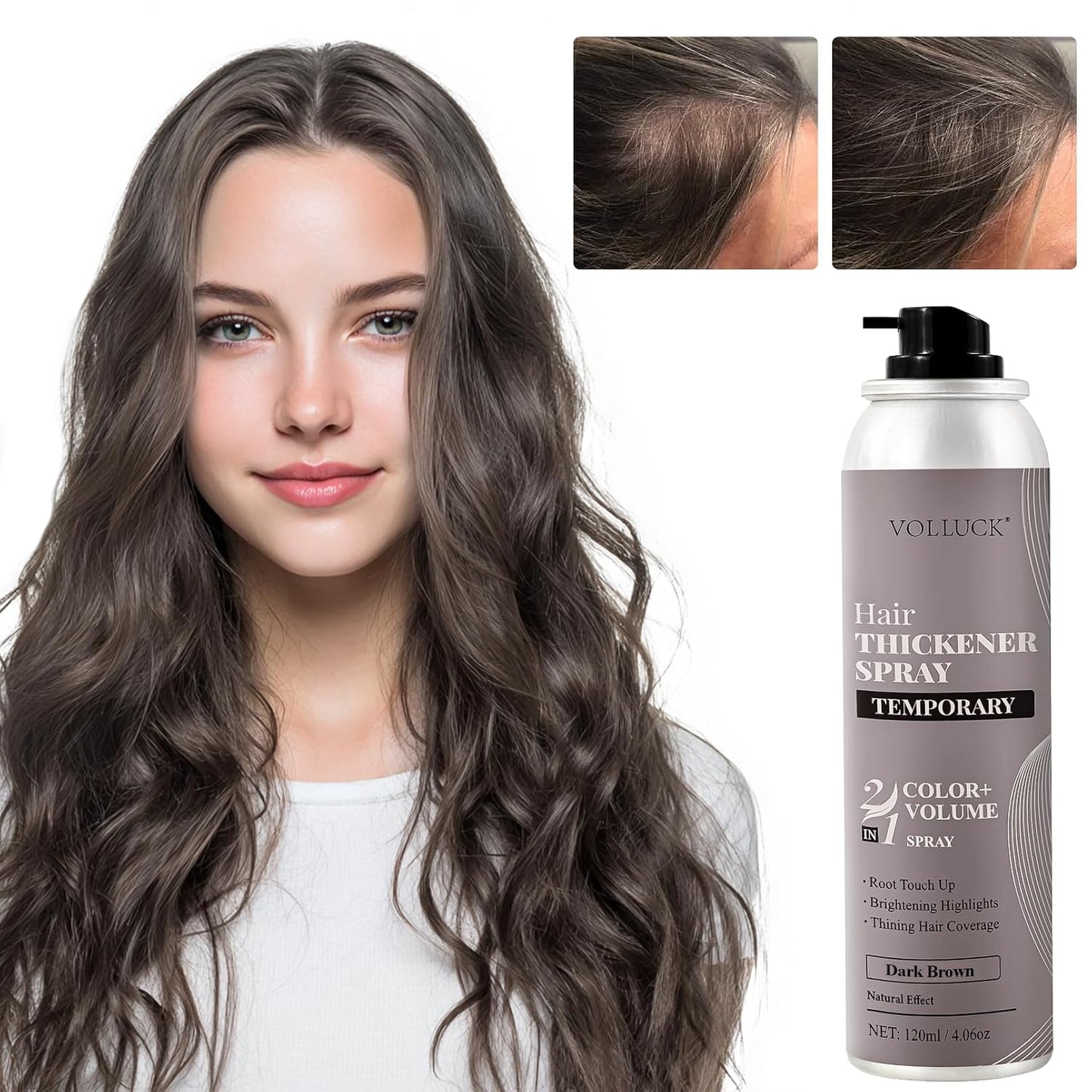 VOLLUCK Hair Thickening Fibers Spray - Temporary Dark Brown Root Concealer for Men & Women | Sweatproof Coverage