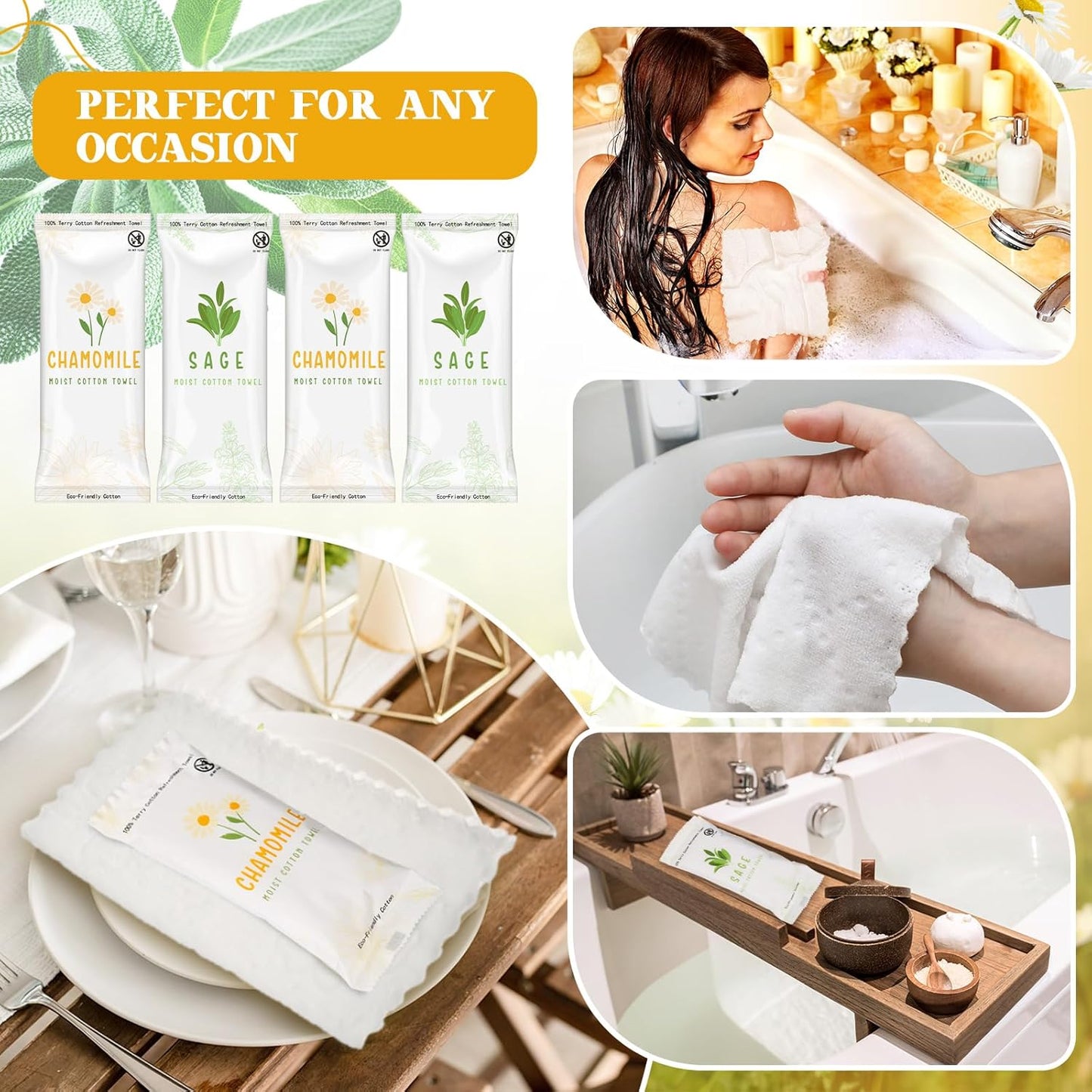 Timgle Moist Towelettes - 50 Individually Wrapped Scented Disposable Face Towels | Essential Oil Infused, Hot/Cold Use (Sage, Chamomile)