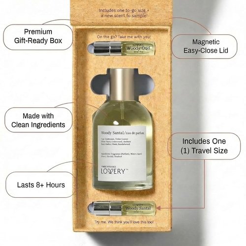 LOVERY Woody Santal Sandalwood - Perfume with Travel Spray Bottle - Unisex Eau De Parfum, Clean Ingredients, 100ml + 2ml