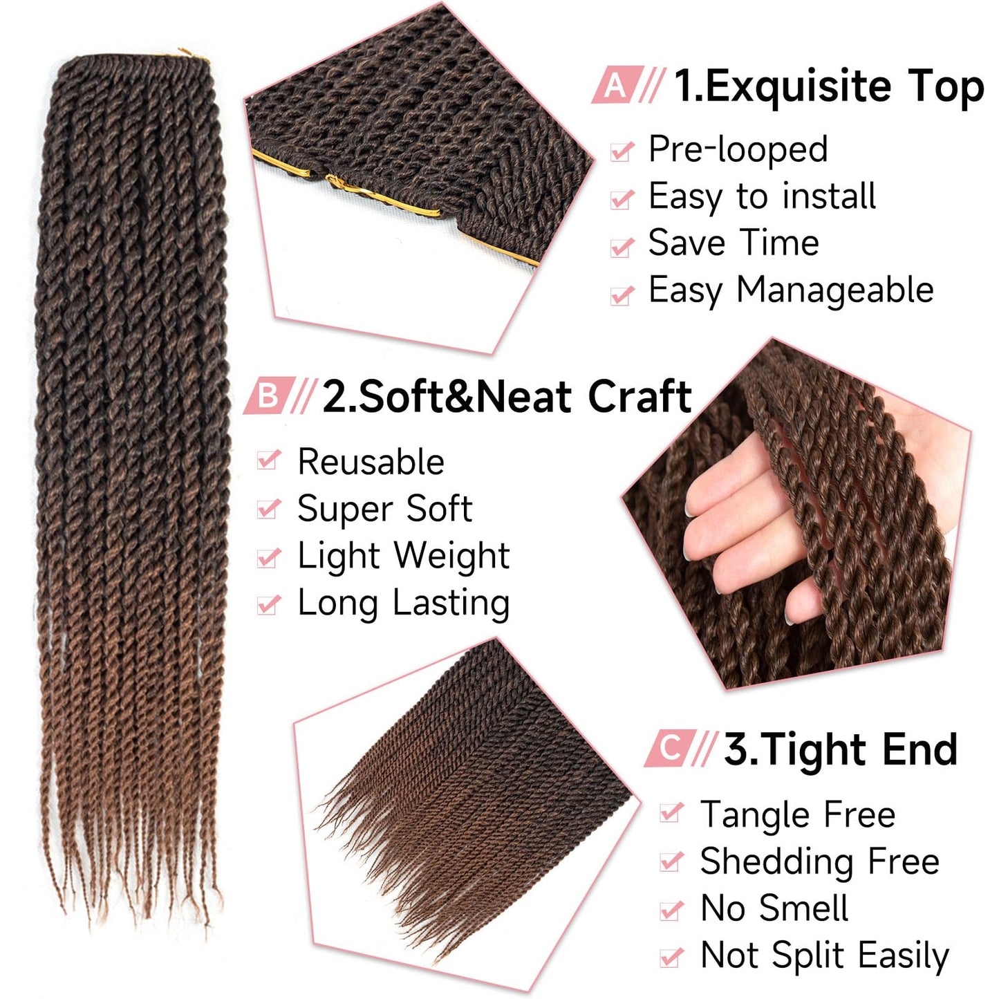 BEFUNNY Senegalese Twist Crochet Hair-8 Packs 18 Inch Two Tone Senegalese Twist Crochet Braids For Women Human Hair,Black/Brown Pre Looped Crochet Braids, Synthetic Twist Crochet Hair (18in,T1B/30#)
