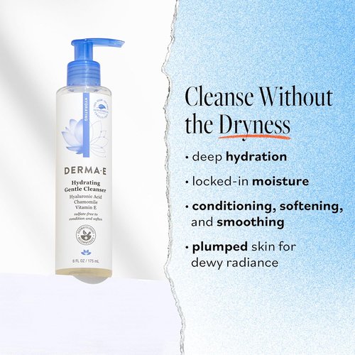 Derma E Hydrating Gentle Cleanser - Moisturizing Facial Wash with Hyaluronic Acid | 6 fl oz