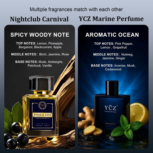 Ycz Cologne for Men Set, 1.7oz(50ml) Bottled Marine Perfume & Carnival Men Perfume, Long Lasting Spicy Wood Fragrance, Elegant Unique, Sleek Bottle Design for Christmas Gifts Ideal
