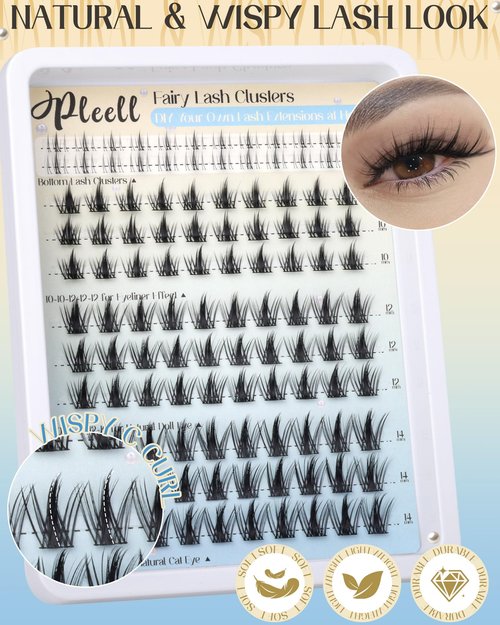 Fairy Lash Clusters Kit Wispy Eyelashes 10/12/14mm Natural Eyelash Extensions Kit Airy Cute Cluster Lashes with Bottom Lashes Manga eyelash Clusters Kit with Lash Bond and Seal, Tweezers by Pleell