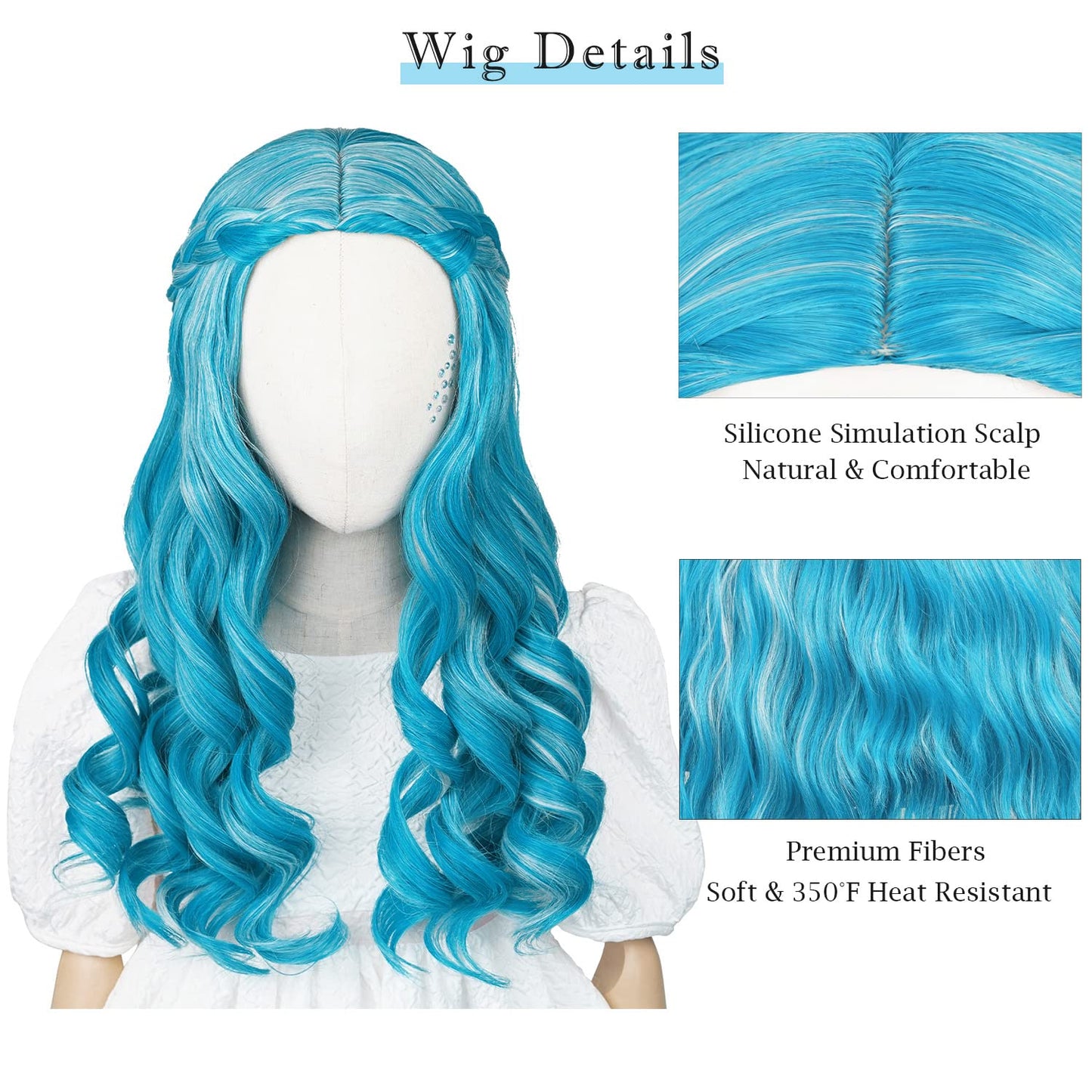 Blue Braids Wig for Kids Girls Curly Alien Cosplay Wigs Princess Elf Costume Hair with Stickers for Halloween Party