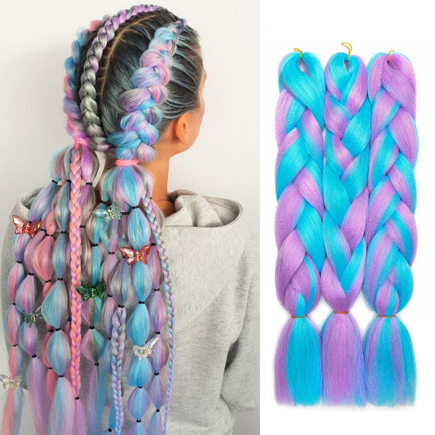 S-noilite 24" Ombre Jumbo Braiding Hair Extensions Long Jumbo Crochet Braids 3 Tone Jumbo Braiding Hair Extensions High Temperature Pre Stretched Colorful Braids (1 Bundle, Sky Blue Mix Light Purple)