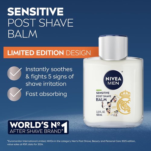NIVEA MEN Real Madrid Sensitive Post Shave Balm - Alcohol-Free, VitaminPro Complex, 3.3 Fl Oz (Pack of 3)
