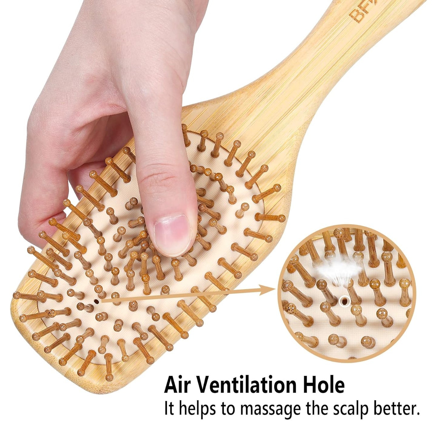 BFWood Bamboo Hair Brush - Paddle Design with Rounded Wood Bristles for Detangling & Scalp Massage