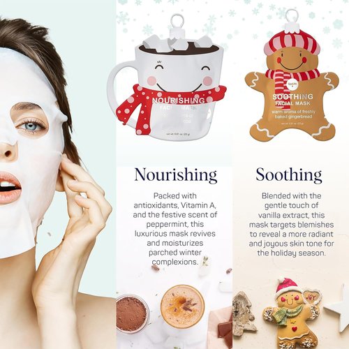 SpaLife Beauty Holiday Treats Christmas Face Mask Bundle | Korean Facial Mask | Hydrating, Soothing and Moisturizing Sheet Mask Set | Stocking Stuffers for Women | Bulk Christmas Gifts | 12 Pack