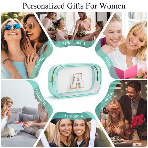 YOOLIFE Initial Clear Makeup Pouch, Clear Makeup Bag Cosmetic Travel Beach Toiletry Bag Travel Essentials Gifts for Women Teen Girlfriend Teacher Mom Birthday Gift for Women Teen Zipper Pouch Blue A